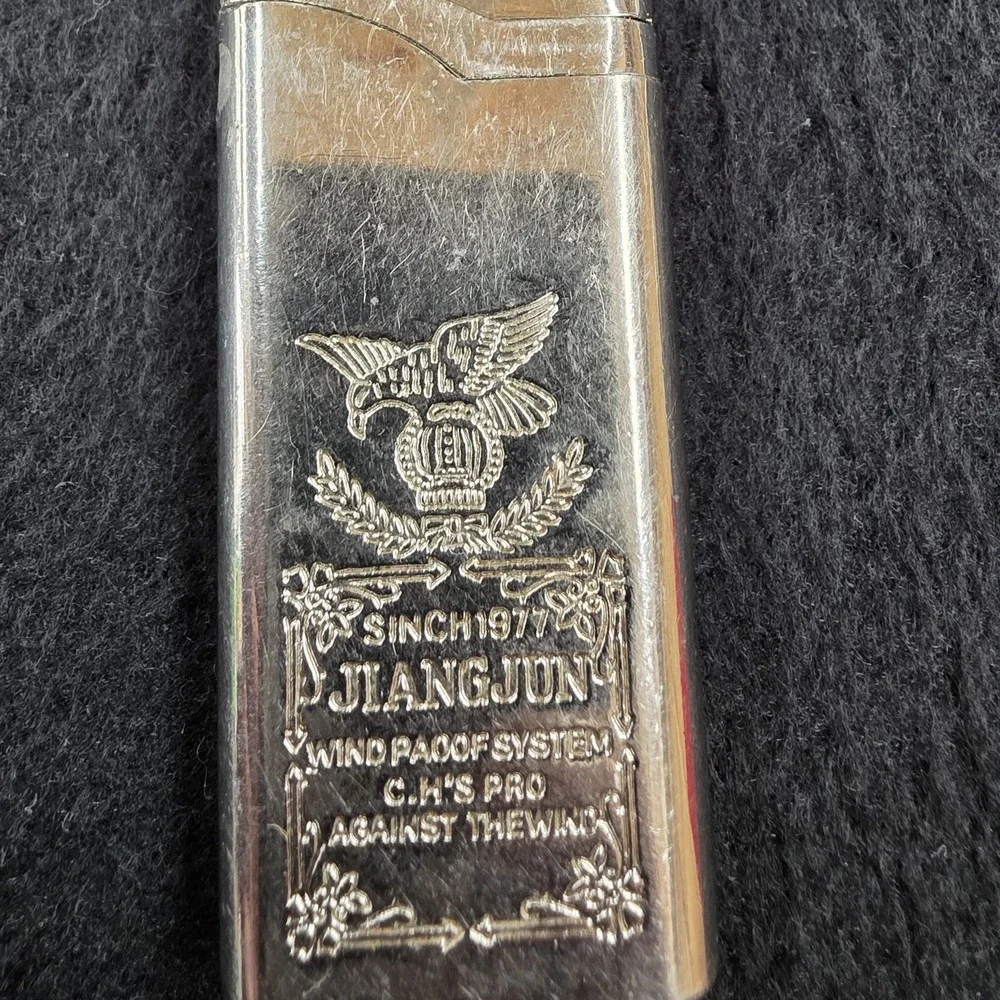 Vtg Jiangjun Windproof Lighter Silver Tone Eagle Emblem Since 1977 Collectible